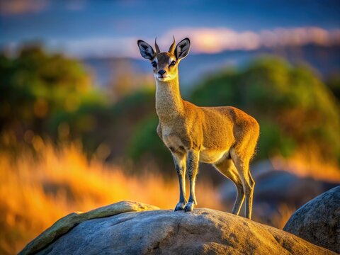 Soft, crepuscular light casts a serene ambiance, as a klipspringer mix pauses on a granite boulder, embodying stillness, amidst the pastel shades of the African twilight