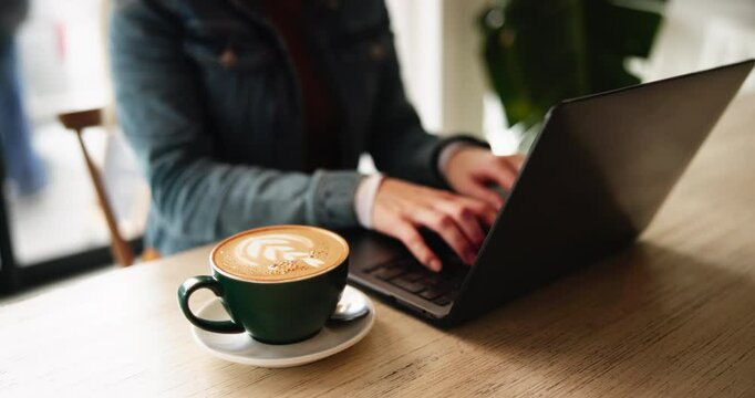 Woman, hands and laptop in cafe for coffee with writing email, remote work and communication. Talent acquisition manager, computer and latte with research, candidate evaluation and online cv review