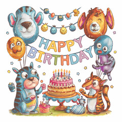 Fototapeta premium A birthday party scene with decorations, Fantasy illustration, contour, isolated in white background