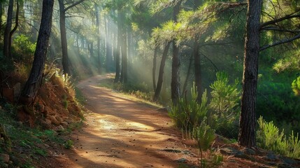 Obraz premium Sunbeams Illuminating a Forest Path