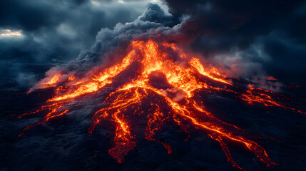 Aerial view of a volcano erupting with lava flowing down the sides.