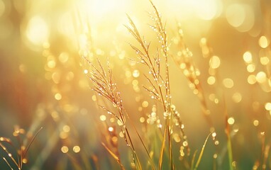 autumn grass covered in tiny dewdrops sparkling in the early morning sunlight