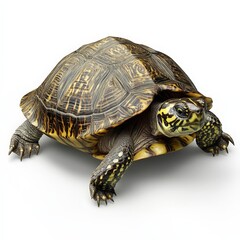 Obraz premium A large brown and yellow turtle is standing on a white background
