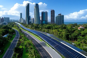 Fototapeta premium Renewable energy, urban planning, solar cities integrate renewable energy sources into the design of new developments