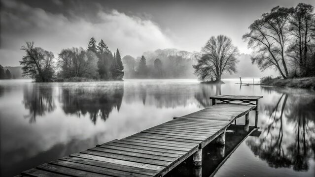 Moody monochrome saale river scenery with rustic wooden dock, misty veil, and somber mood, evoking contemplative emotions in high-contrast black-and-white photography.