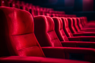 Obraz premium Purple chairs in a dark movie theater setting with electric blue accents