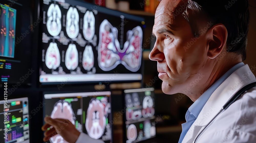 Poster doctor looking at brain scan results on multiple computer monitors.