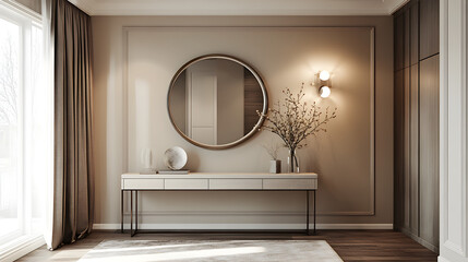 Chic bedroom vanity setup with a large mirror and modern table for a fashionable space picture 