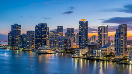 Obraz premium Stunning panoramic view of a modern city skyline at dusk, with shimmering lights reflecting on the water. 