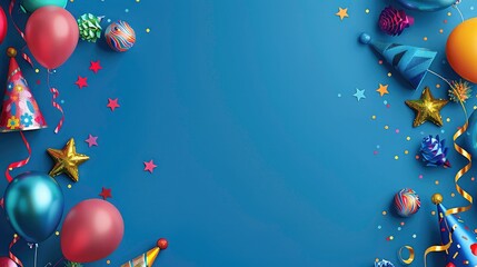 Festive party decorations on a blue background with copy space.