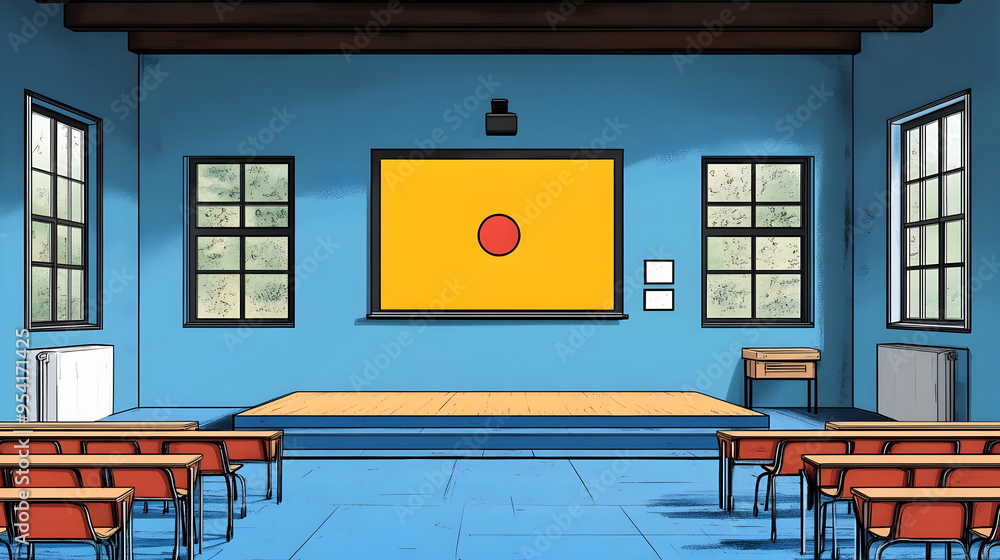 Poster an empty classroom with a stage, desks, and a projector screen.