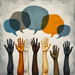 Diverse Hands Raised in Unity: A Group of People of Different Ethnicities Expressing Themselves with Speech Bubbles