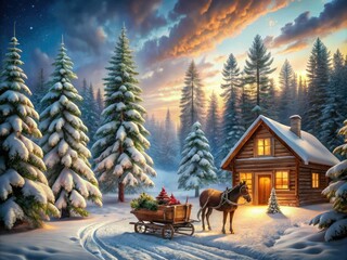 Vintage-style winter wonderland scene with classic sleigh and horses amidst snow-covered evergreen trees and rustic wooden cabin in soft warm afternoon light.