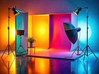 Vibrant abstract colorful studio setup seamless gradient backdrop warm golden hour softbox lighting futuristic sci-fi concept sleek modern minimalist product photography composition