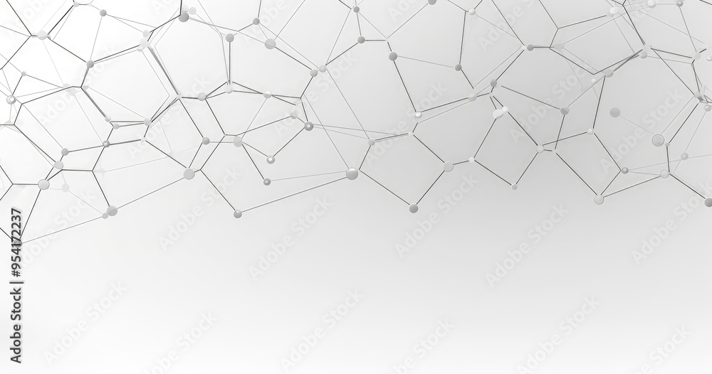 Poster abstract geometric network design with transparent nodes and connections on a light background.