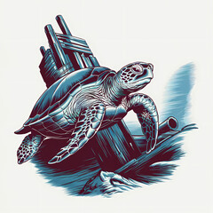 A curious sea turtle exploring a shipwreck, Vintage and Retro illustration, contour, isolated in white background