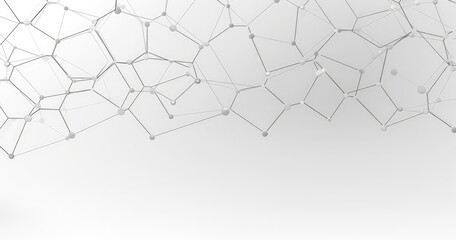 Abstract geometric network design with transparent nodes and connections on a light background.