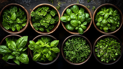 Obraz premium Assortment of fresh green herbs in bowls.