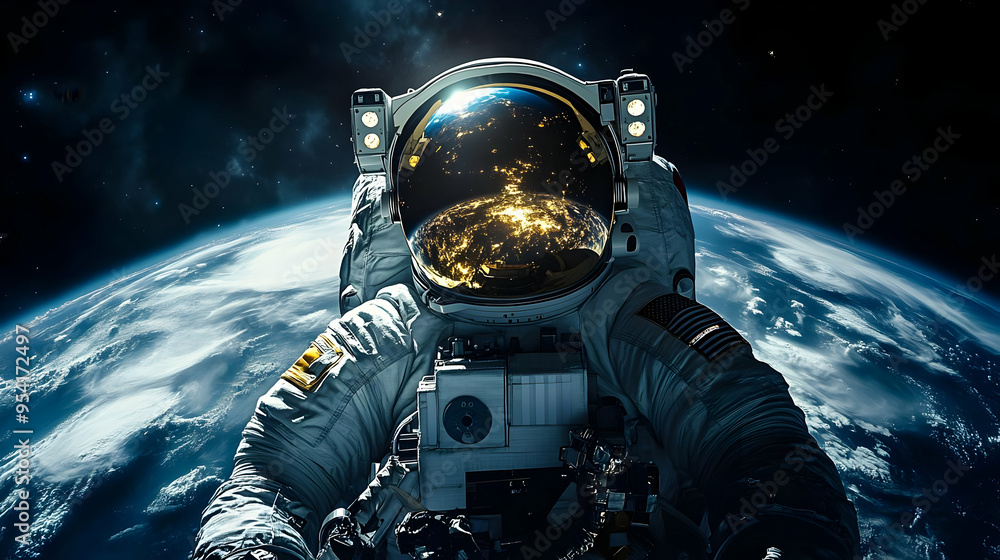 Poster astronaut floating in space with earth reflected in their visor.
