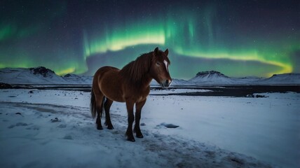 aurora northern lights in winter with horse AI generated