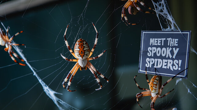 A group of spiders on a web with a sign that reads "Meet the Spooky Spiders!" - perfect for Halloween decorations, party invitations, and spooky themed designs. 
