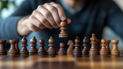 A person’s hand strategically moving a chess piece during a game, focusing on strategy and decision-making.