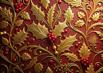ornate luxurious gold foil stamping embossing debossing intricate patterns festive holly berries crimson red velvet elegant sophisticated Victorian era