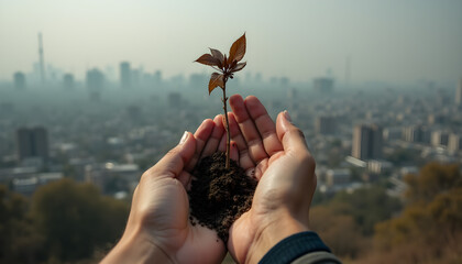 Hands Holding Seedling Overlooking Polluted Urban Landscape