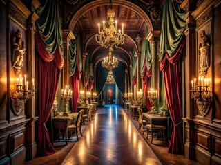 Mysterious dimly lit hallway adorned with velvet drapes and ornate coat of arms plaques leading to a lavish dining room with candelabras