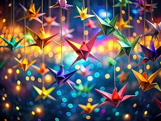 dreamcatcher-inspired paper cranes in vibrant colors against a starry night sky with subtle bokeh and deliberate motion blur