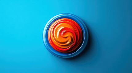 Abstract swirl design with vibrant red, orange, and yellow colors on a bright blue background, evoking energy and creativity.