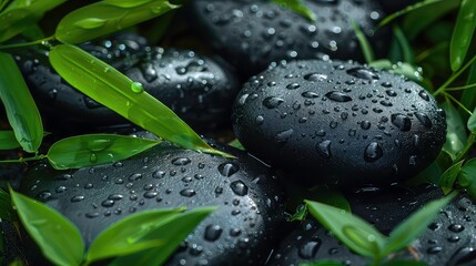 Close-up of wet black stones with green leaves and water droplets.