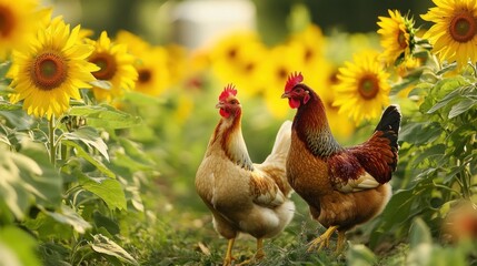 Fototapeta premium Two Chickens in a Sunflower Field