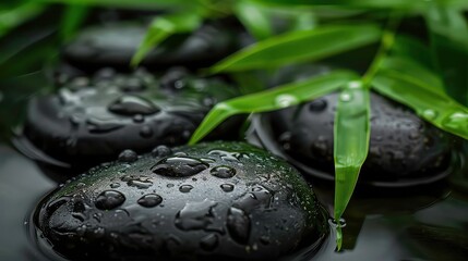 Close-up of smooth black stones covered in water droplets, partially submerged in water with green leaves in the background.