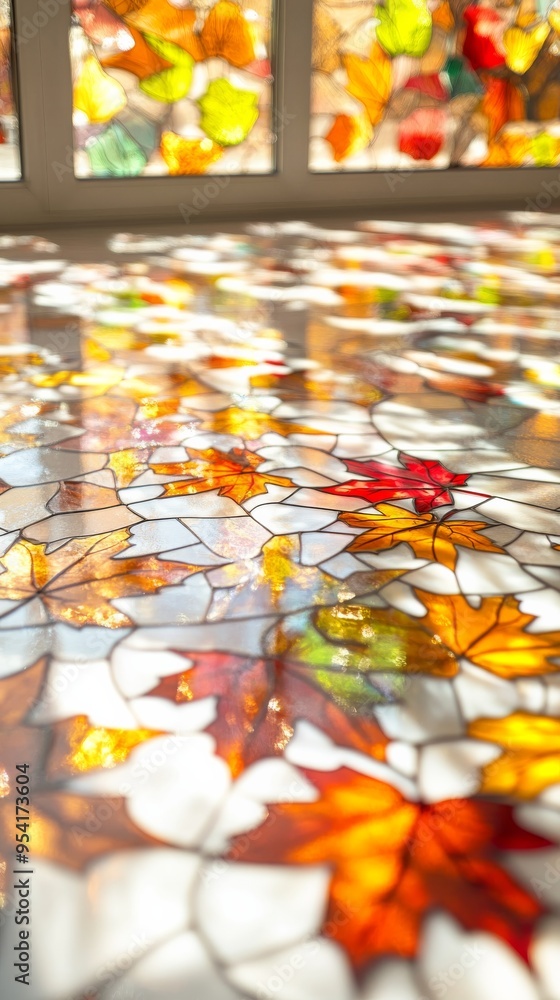Poster a large stained glass window with autumn leaf patterns, soft light passing through and creating colo