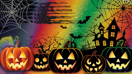 Spooky Halloween background with jack-o'-lanterns, bats, and a haunted house. Perfect for festive designs and celebrations. 
