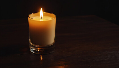 studio shot of burning candle in a glass on dark wooden table.