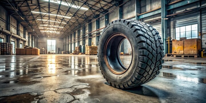 A worn, black forklift tire with deep treads stands alone on a gray warehouse floor, surrounded by faint oil stains and scattered debris.