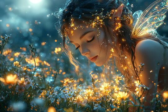 A whimsical fairy with delicate, iridescent wings, casting a spell over a blooming garden under a moonlit sky. Concept of magical enchantment and nature. - Powered by Adobe