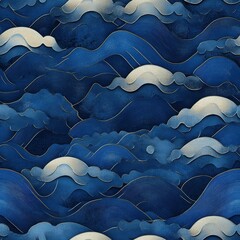 Japanese-inspired wave pattern in shades of blue with silver foam crests