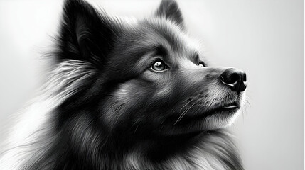 Black and white close up portrait of a fluffy dog looking up.