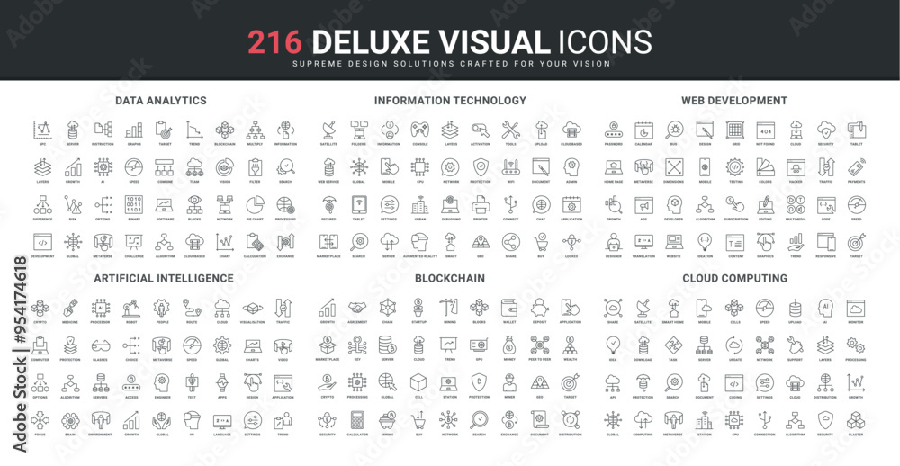 Poster cryptocurrency and blockchain, web development, cloud computing, data analytics line icon set. acces