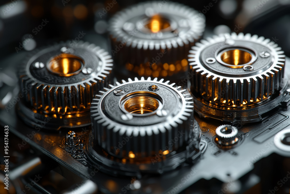 Poster a set of four interconnected gears in motion, depicting the mechanical cycle of interdependent syste