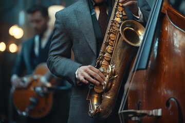 Obraz premium A man playing a saxophone in front of a cello
