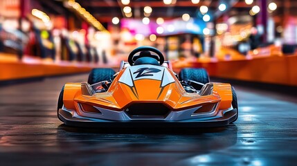 Fototapeta premium Vibrant Race Kart with Bold Colors and Dynamic Design, Capturing the Excitement and Speed of Competitive Kart Racing. Perfect for Illustrating High-Performance and Energetic Racing Moments.