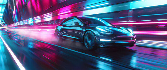 Fototapeta premium A sleek, modern electric car driving through a futuristic city, neon lights