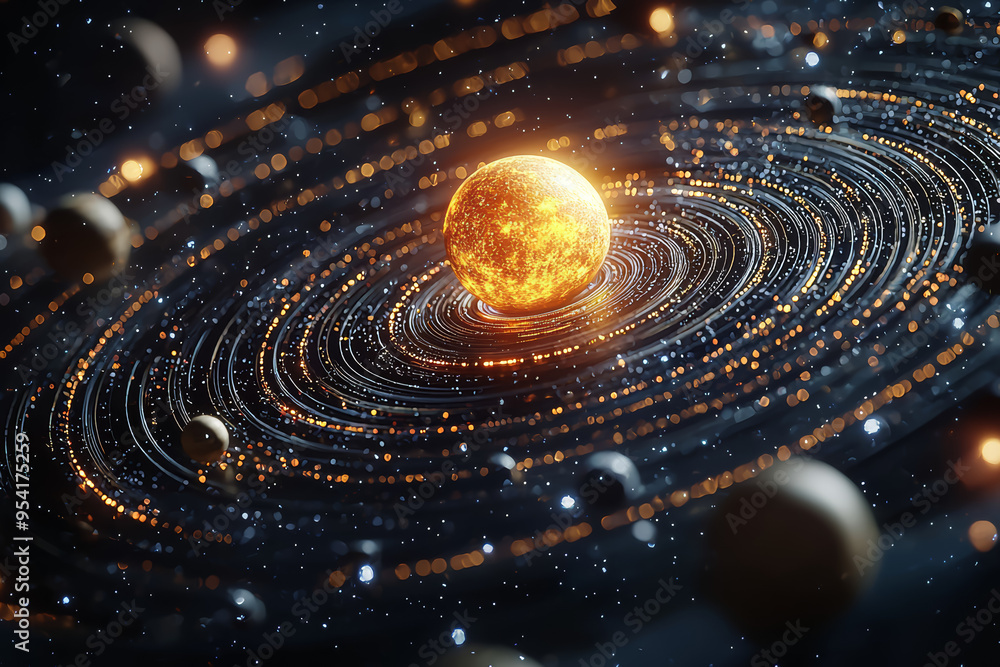 Poster a rotating solar system model, with planets orbiting around a central sun, depicting the celestial c