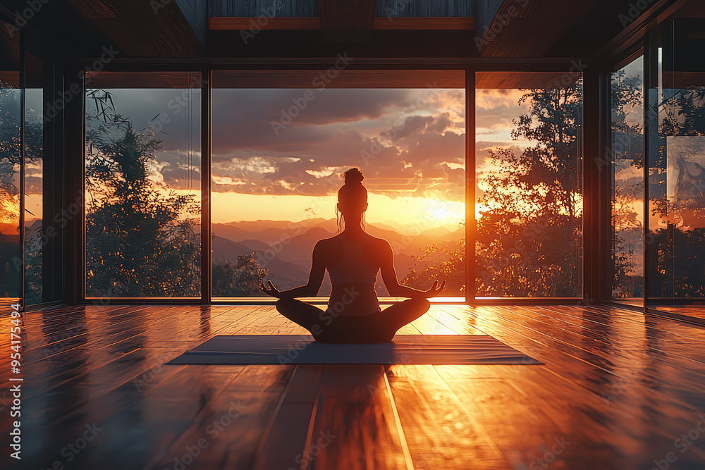 Poster a person practicing yoga with a sequence of poses that flow smoothly from one to the next, embodying