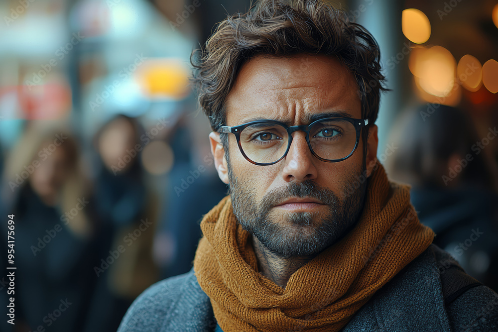 Poster a man with an irritated expression, dealing with a long wait in a crowded area. concept of impatienc