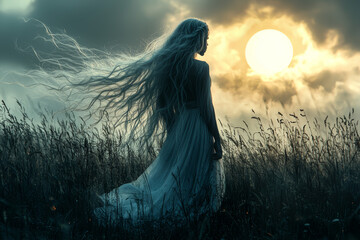 A mysterious banshee with flowing hair and an ethereal glow, haunting a moonlit moor and wailing softly. Concept of ghostly presence and folklore.